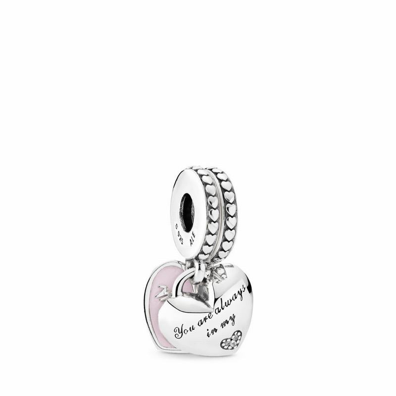 Pandora Mother & Daughter Hearts Dangle Charm Ireland - Sterling Silver/Enamel/Pink/Cubic Zirconia -